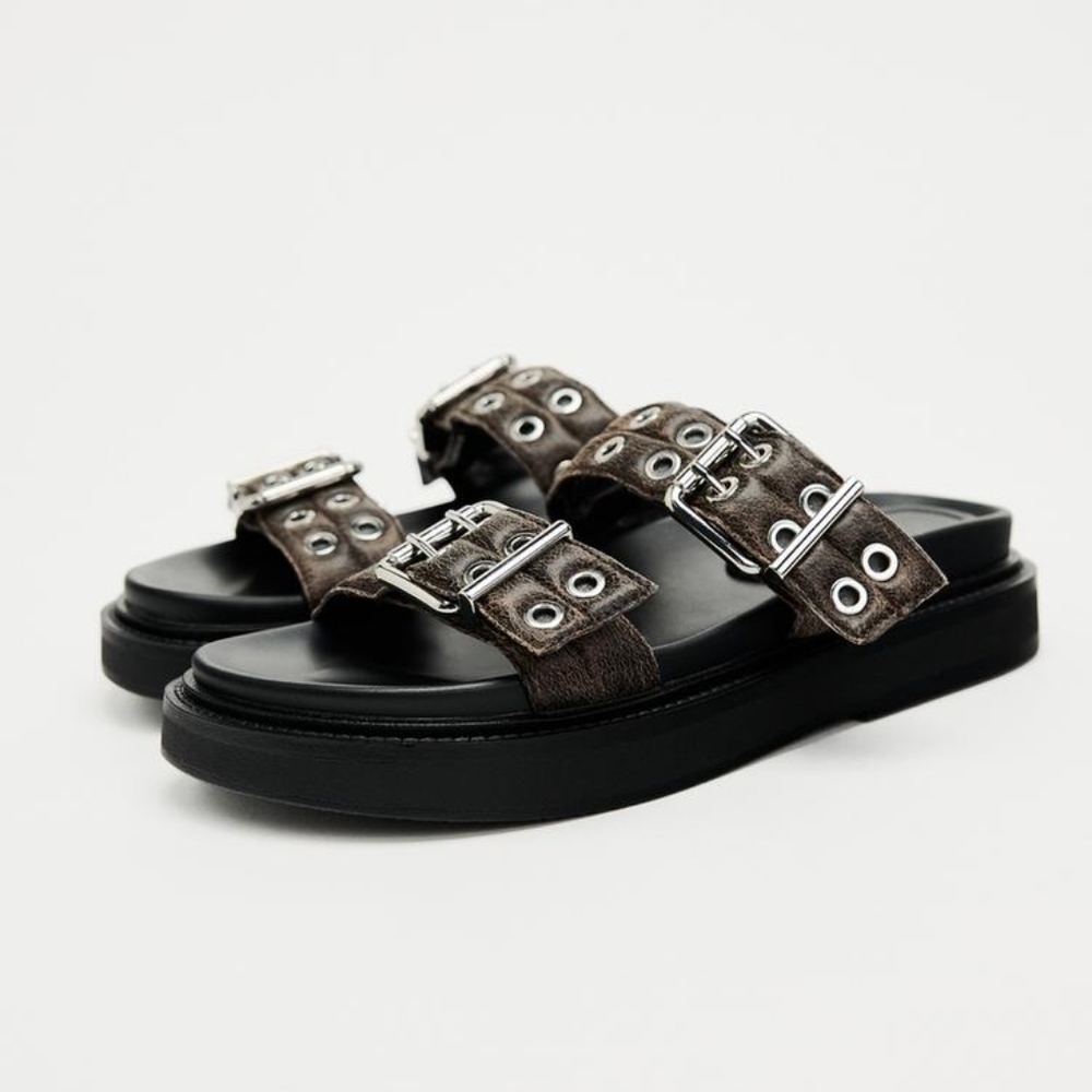 ZARA METAL APPLIQUE FLAT SANDALS NWT